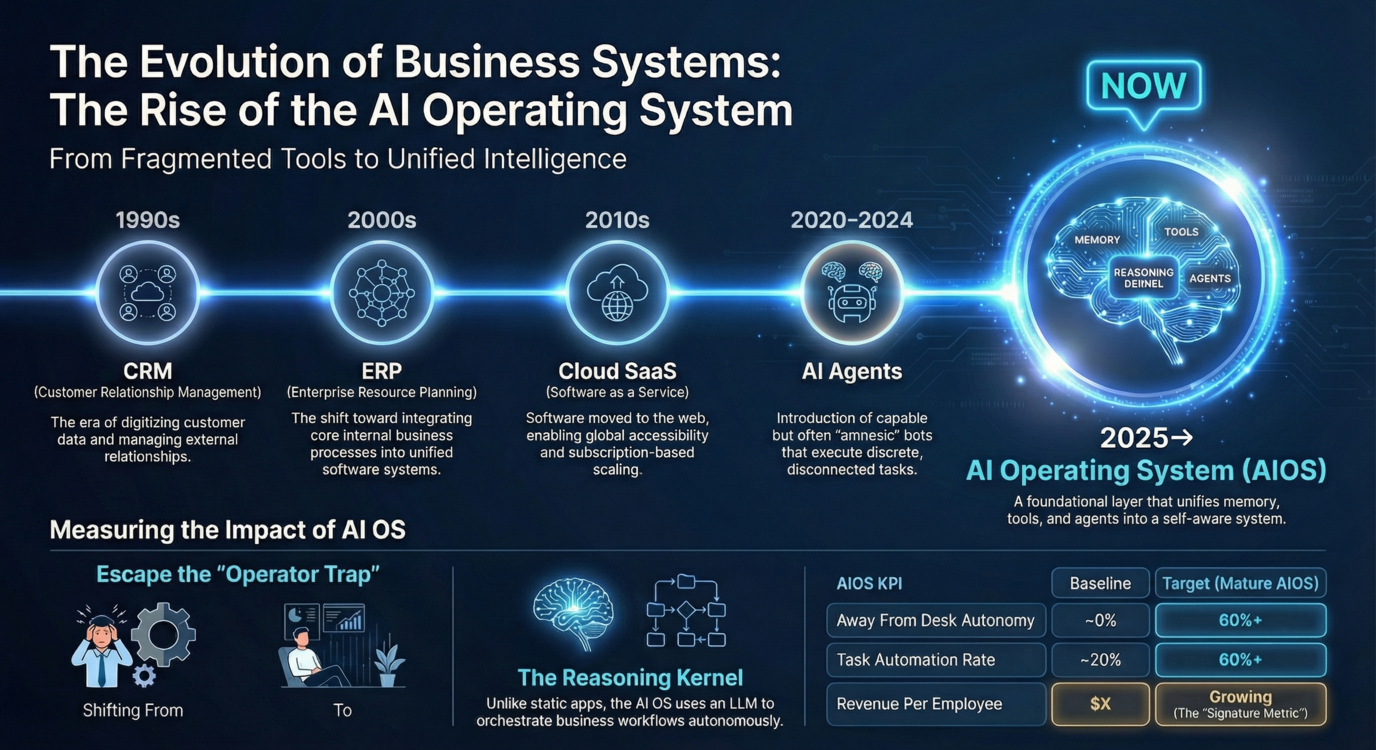 Technology category emergence timeline — CRM, ERP, Cloud SaaS, AI Agents, AI Operating System