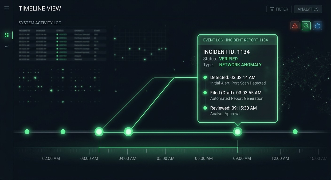 A sleek data visualization showing a timeline. Green dots appear, each expanding into a clean data card with timestamps like 'Detected: 03:02 AM', 'Filed (Draft