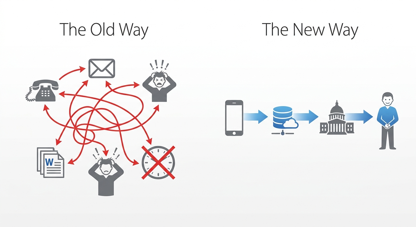 A clean, Apple-like diagram. On the left, 'The Old Way': chaotic arrows connecting icons for a phone, email, Word doc, a stressed human figure, and a clock with