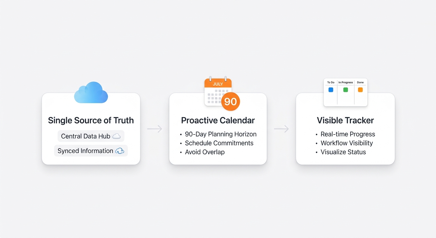 Prompt: A minimalist, clean infographic diagram in the style of Apple's design guides. Three simple, rounded-corner boxes connected by arrows. Box 1: 