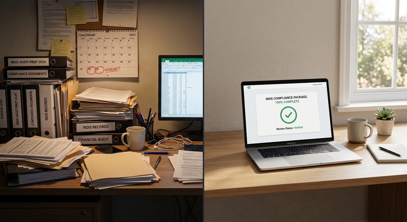 Prompt: A photorealistic split-screen image. On the left, a desk buried under piles of paperwork, binders labeled