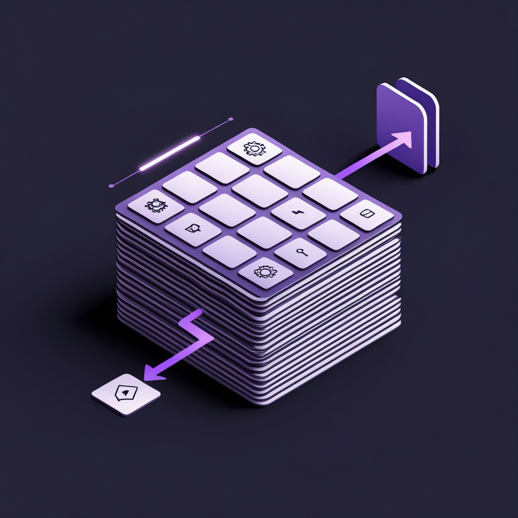 Isometric stack of twelve fanned document tiles with symbolic icons in violet accent.