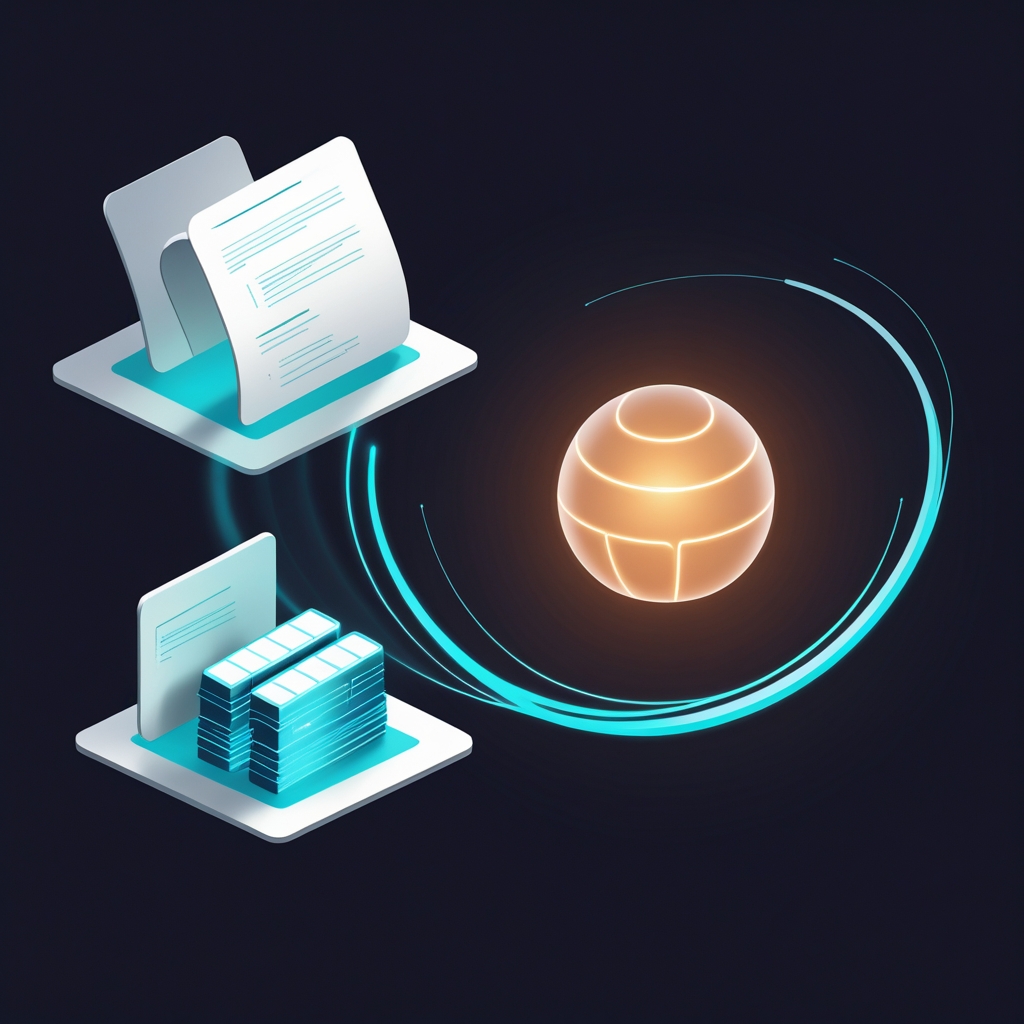 Glowing agent node with three orbiting tiles streaming cyan light into the agent.