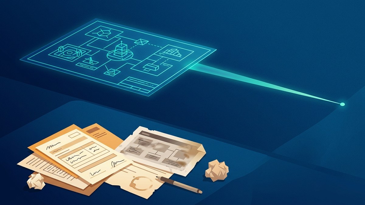 A glowing idealised blueprint floating above the messy paper process it was drawn from.